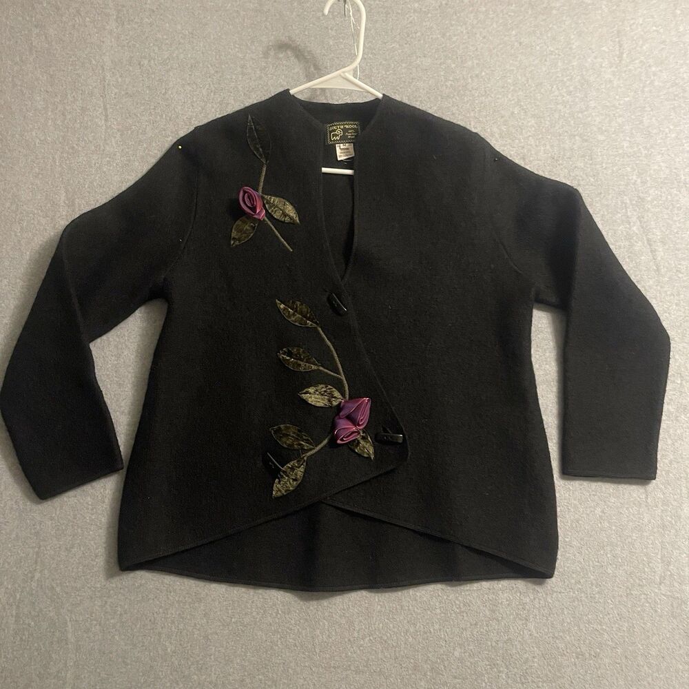 South Wool 100% Pure Virgin Wool Black Floral Embroidered Cardigan Sweater M